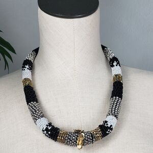 Chico's Black White Gold & Silver Beaded Necklace